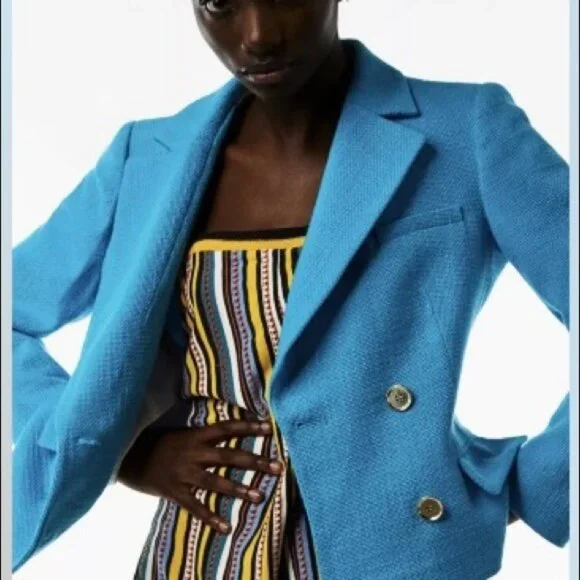 NWT 🦋 ZARA 🌸 TWEED LIKE TEXTURED TURQOUISE BLUE DOUBLE BREASTED BLAZER XS
